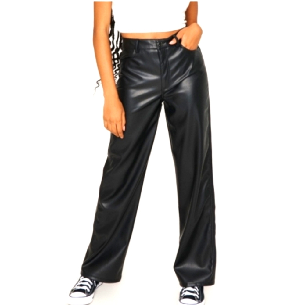 Garage Stylish Black Faux Leather Black Pants Size Ps